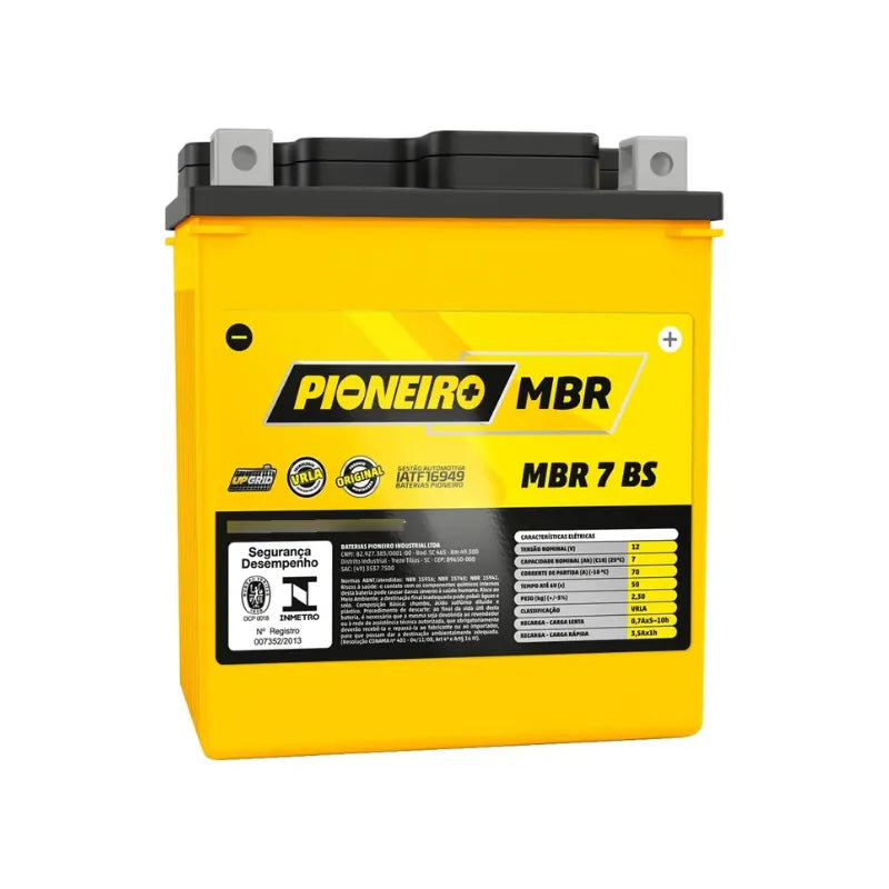 Bateria Moto 7Ah Pioneiro (MBR7BS) | 12 Meses de Garantia